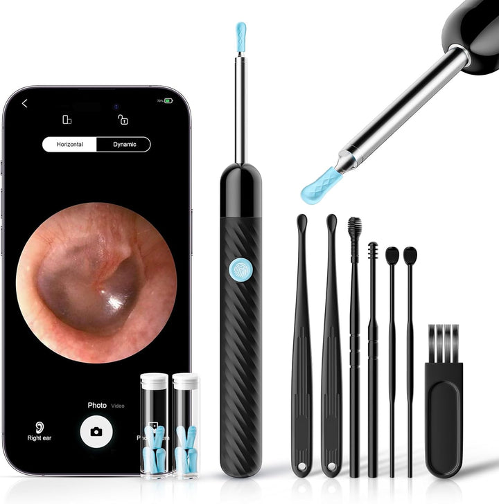 Ear Wax Removal - Earwax Remover Tool with 7 Pcs Ear Set - Ear Cleaner 1080P HD Ear Scope - Camera with 6 Led Lights - Ear Cleaning Kit with 11 Ear Spoon - Ear Camera for Ios & Android（Glossy Black）