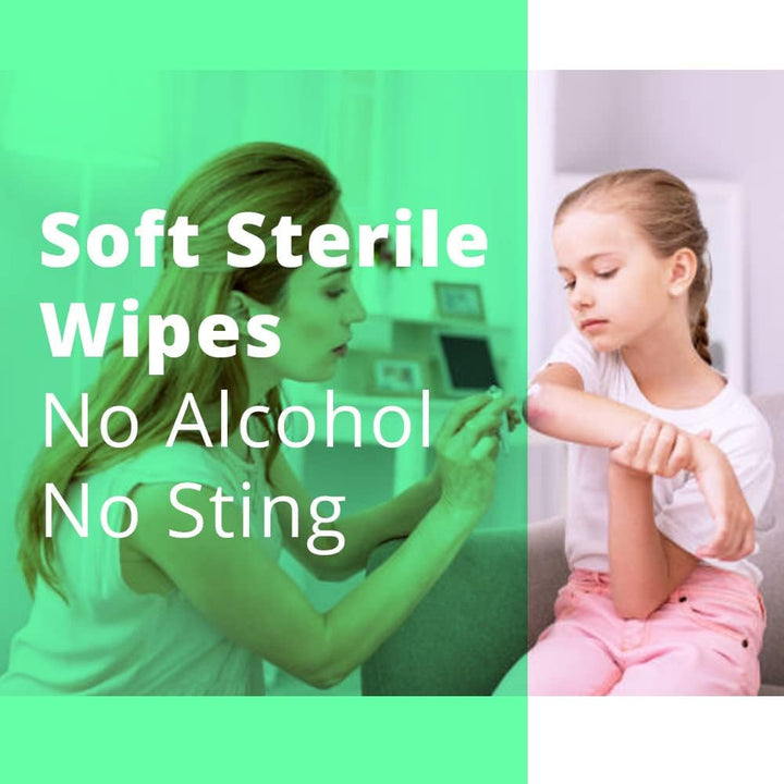 Soft Moist Cleansing Wipes STERILE and ALCOHOL FREE. Pack of 100X by . for Non-Sting Cleaning of Wounds and Scrapes at Home, Walking, Camping and First Aid Kit Refills.