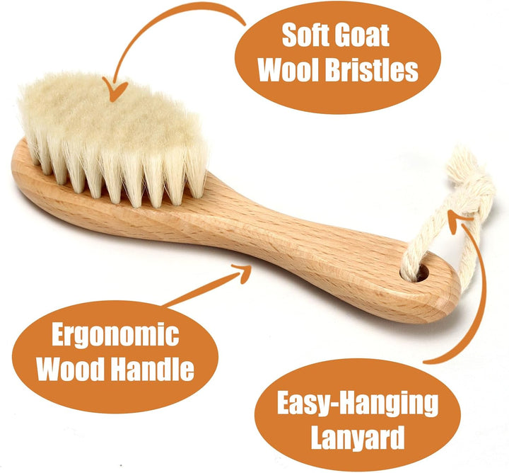 Baby Wooden Brush and Comb Set, Set of 3 Soft Goat Hair Brush with Find-Teeth Comb and Cradle Cap Brush for Newborns Toddlers Newborn Boys Girls (Pink)