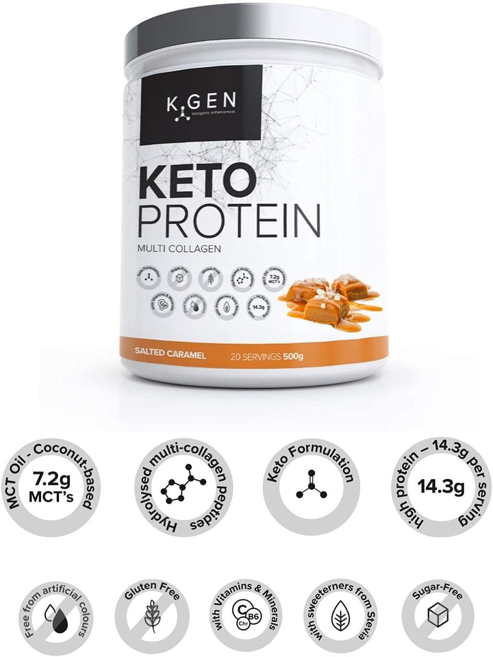 K-GEN™ Keto Collagen Protein Powder Advanced Salted Caramel Powder with Multi Collagen Blend, Coconut MCT, Vitamin C + B6 Stevia | UK Made for Keto, Paleo & Primal | Free-From: Sugar & Gluten