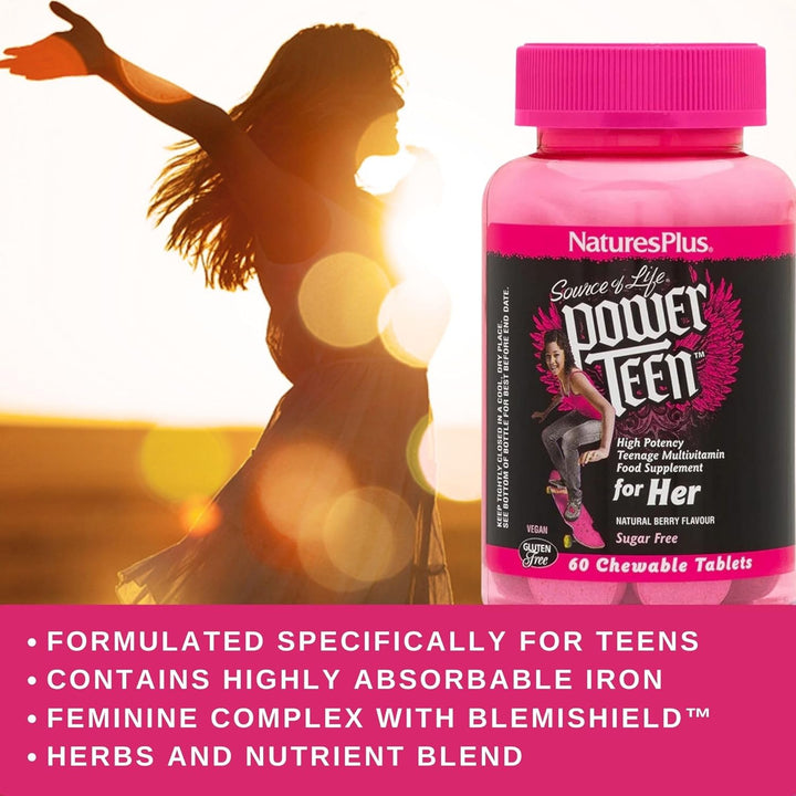Source of Life Power Teen for Her - Food Based Chewable Multivitamin Vitamins for Teenagers - Vegan, Gluten Free - 60 Chewable Tablets