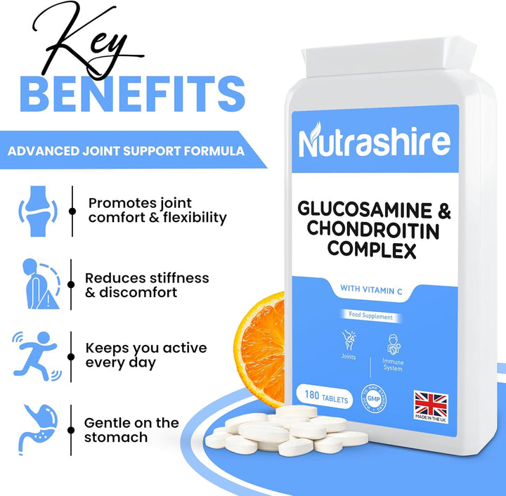 Glucosamine and Chondroitin High Strength Complex 180 Tablets - Vitamin C Joint Care Supplements for Cartilage, Bones, Fatigue & Immune Support – Made in the UK
