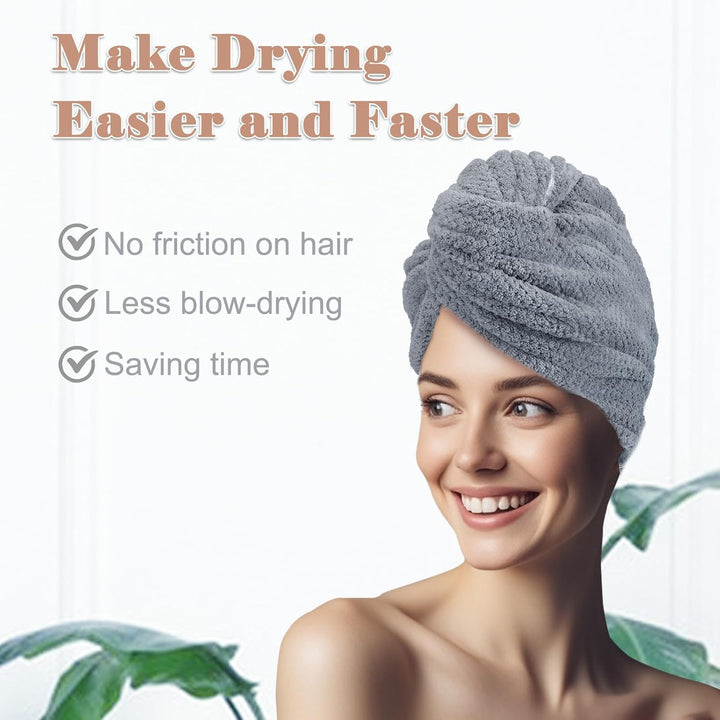 2-Pack Large Microfibre Hair Towel Wrap 86 X 26 Cm, Thicken Super Absorbent Hair Turbans for Wet Hair, Anti-Frizz Hair Drying Towel with Elastic Band for Women Long Thick Curly Plopping Hair