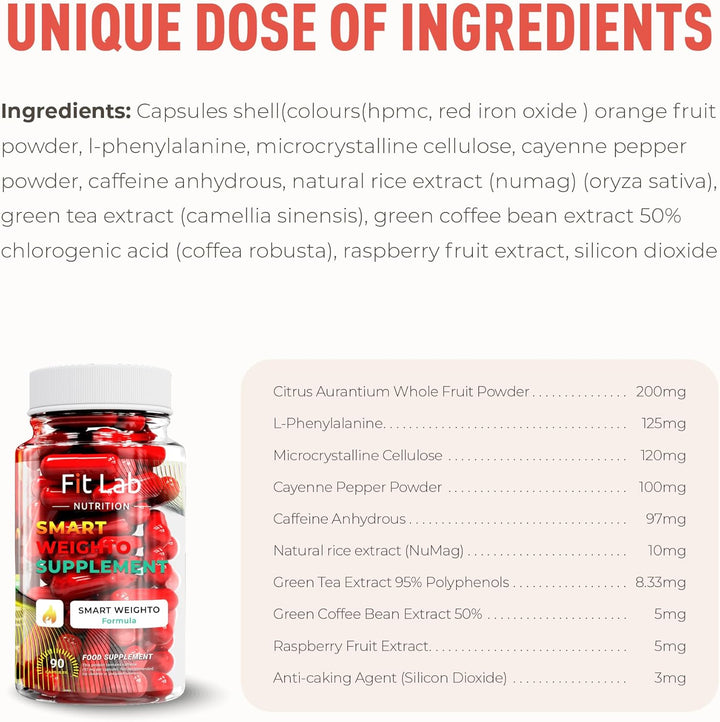 Fit Lab - Smart Weighto Management, Food Supplement - 90 Capsules - Vegan, Halal and Vegetarian Supplements for Women and Men - 45 Days Supply - Gym Essentials