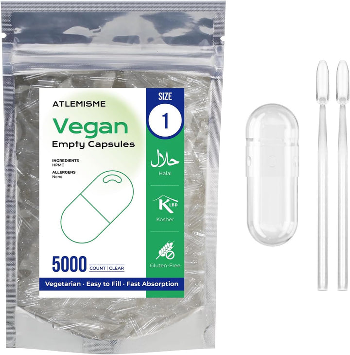 Empty Capsules Size 1 100 Count,Clear Empty Vegan Capsules Kosher,Halal and Non GMO Certified for DIY Supplements.Hypoallergenic Veggie Capsules Empty with 2 Spoons,Adapted to the Capsule Filler