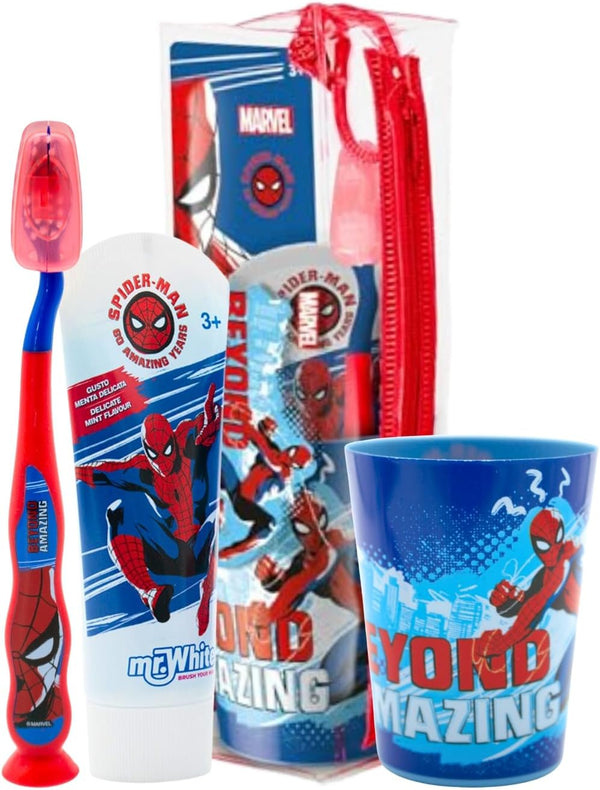 Marvel Spiderman Kids Toothbrush Set - Soft-Bristle Toothbrush with Suction Cup & Protective Cap, Mint-Flavoured Toothpaste, and Multi-Purpose Beaker | Travel-Ready Oral Care Kit for Children Ages 3+