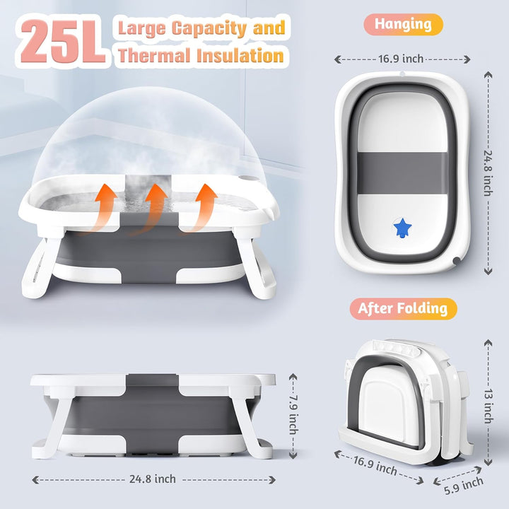 Baby Bath Tub Foldable,Portable Bath Newborn to Toddler with Non-Slip Mat,Drain Hole,No Thermometer,Grey