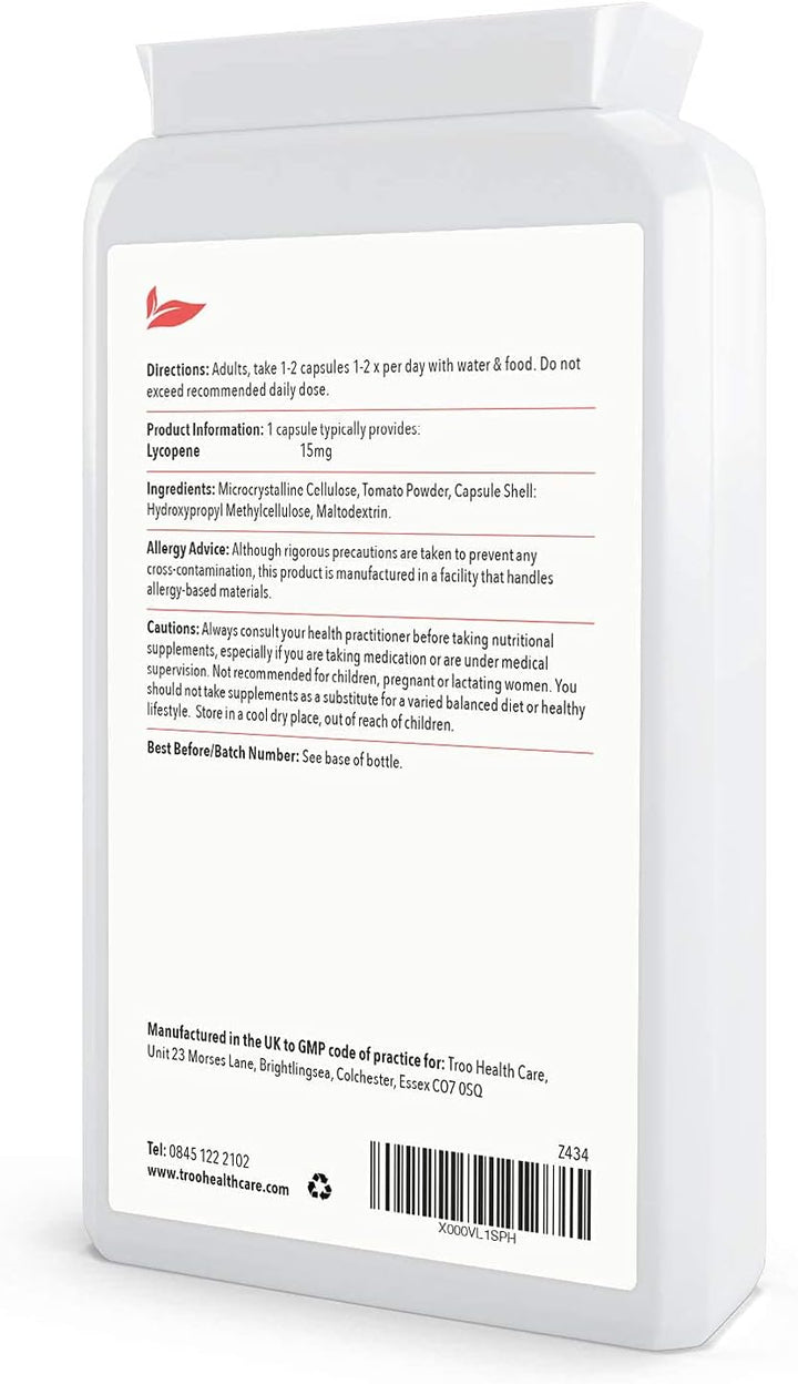 Lycopene Supplement 15Mg - 120 Capsules - 150Mg Tomato Powder Providing High Strength 15 Mg Lycopene per Vegan Capsule - up to 4 Month Supply - UK Made to GMP Standards