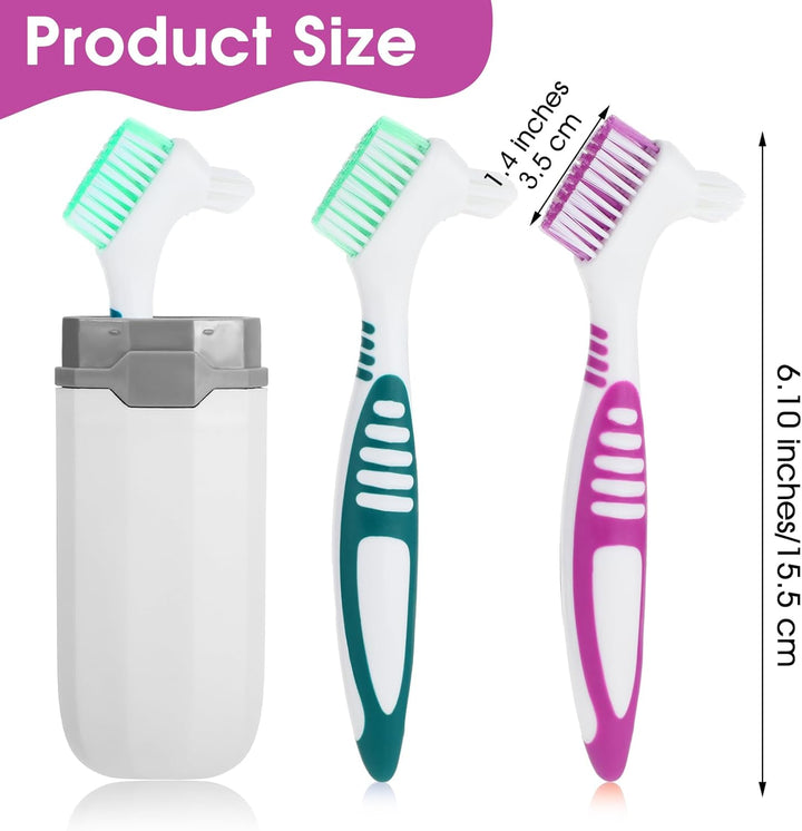 2Pcs Denture Cleaning Brush Set, Denture Toothbrushes, Denture Cleaning Care Brush with White Carrying Case, Multi-Layered Bristles & Ergonomic Rubber Handle for Denture Clean Care (Green&Purple)