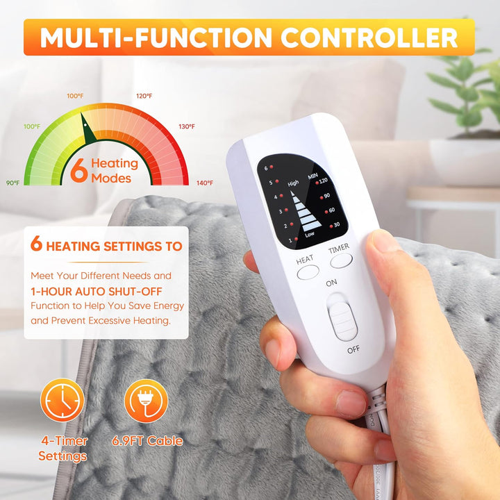 Heat Pads for Back Pain Relief,  Soft Heating Pad with Auto Shut off and 6 Heat Level Settings, Detachable Heat Pad with Zipper Hook and Loop Fastener, Machine Washable, 12" X 48"