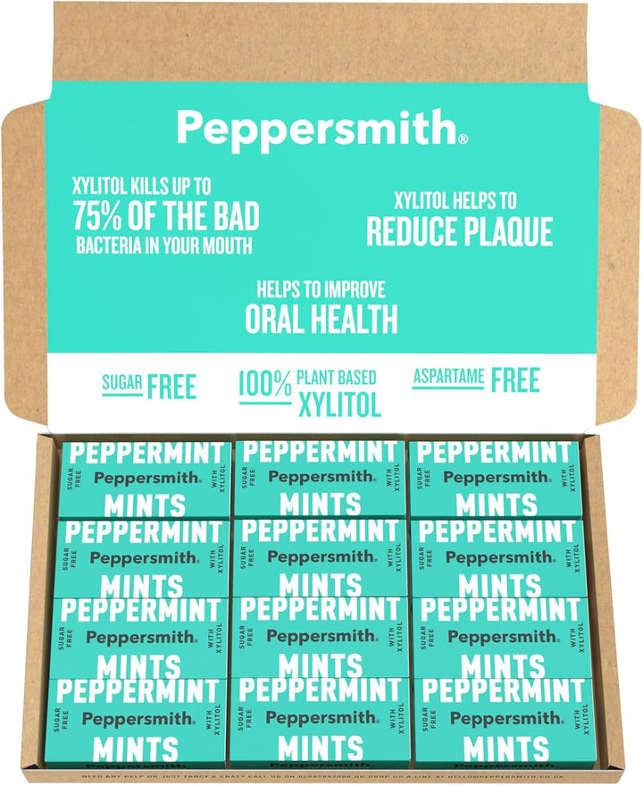 - British Peppermint Mints - 100% Plant Based Xylitol - Breath Freshener - Sugar Free Mints - Benefits Oral Health - Pocket Packs - 12X15G