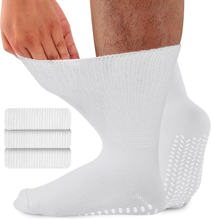 Diabetic Girp Socks for Men Women, 3 Pairs Non Slip Soft Extra Wide Top Sock for Swollen Feet Ankle Leg, 90% Cotton Hospital Breathable Slipper Socks