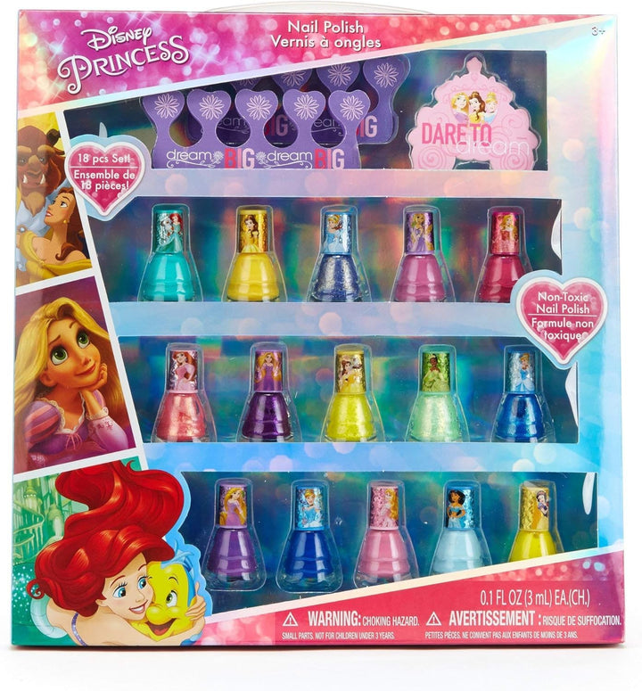Disney Princess 15 Piece Water Based Nail Polish with 3 Toe Spacers| Quick Dry Peel off Gift Kit Set for Kids Girls Ages 3+ by