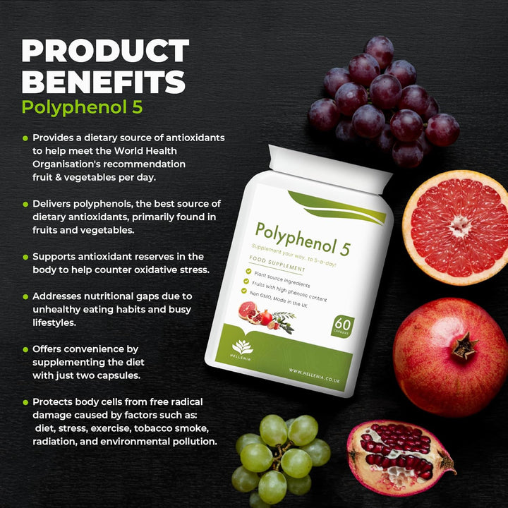 Polyphenol 5 - Pure 5-A-Day Fruit & Veg Dietary Antioxidants & Poluphenols | 60 Capsules - High Strength Polyphenol Supplement | Vegan | GMP Certified Product - Made in the UK by