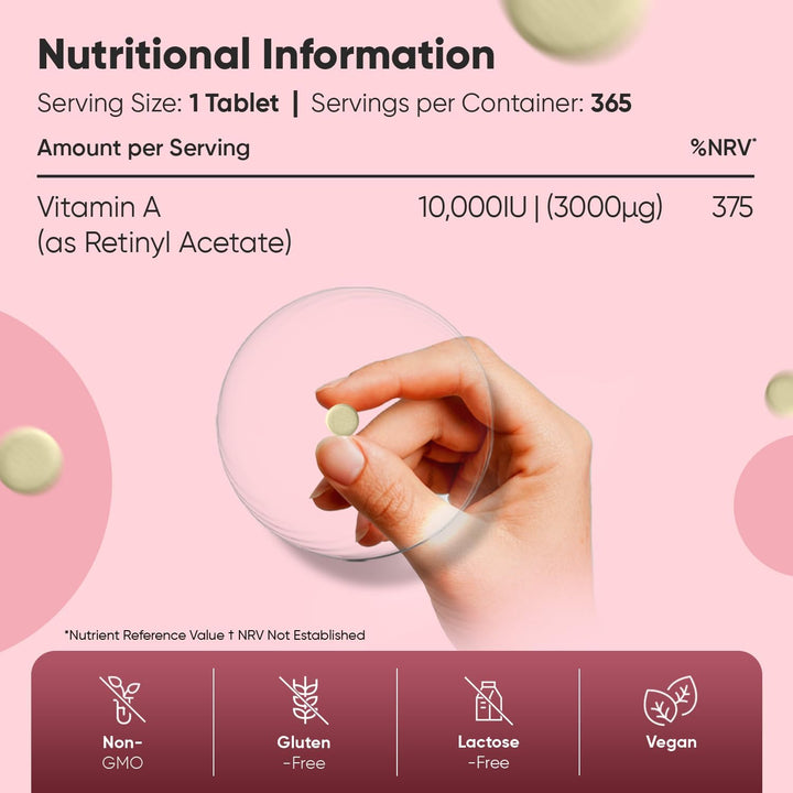 Vitamin a Tablets 10,000IU - 365 Tablets (1 Year Supply) - VIT a as Retinyl Acetate - Vegan & Non-Gmo - 3000Μg Vitamin a Supplement - Made in the UK