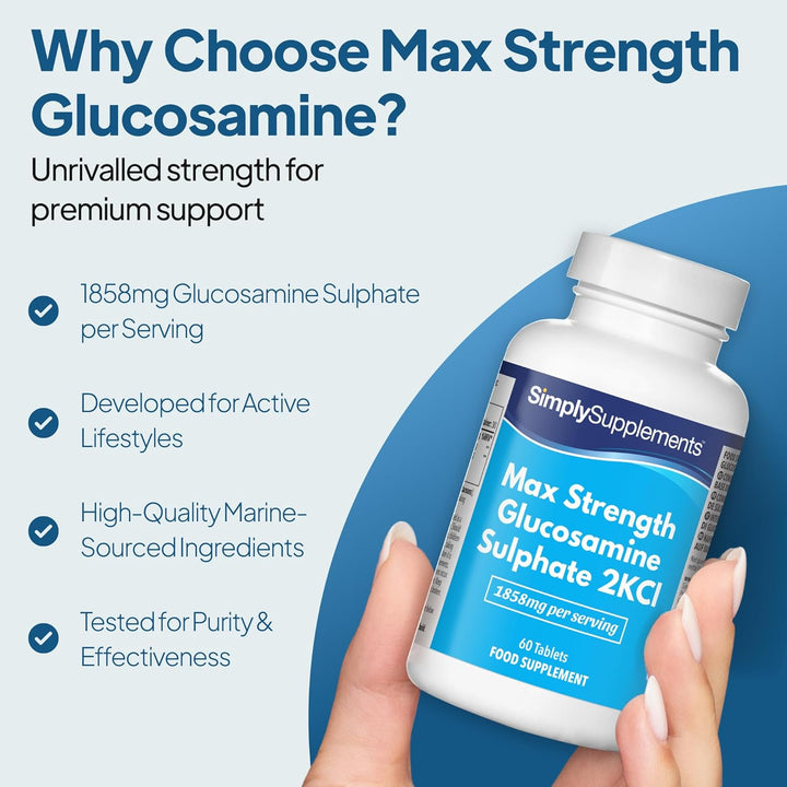 Max Strength Glucosamine Sulphate 2Kcl | Supports Active Lifestyles | 1858Mg per Serving | Marine Sourced | 120 Tablets = 2 Months’ Supply | Manufactured in the UK in Accordance with GMP Standards