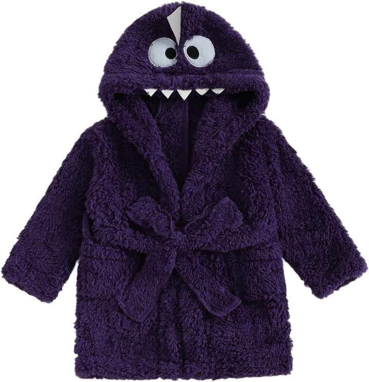 Toddler Boys Girls Bathrobe Cartoon Animal Plush Hooded Long Sleeve Sleep Robe Dinosaur Fleece Pajamas Dressing Gown Soft Cosy Velvet Warm Embroidery Sleepwear