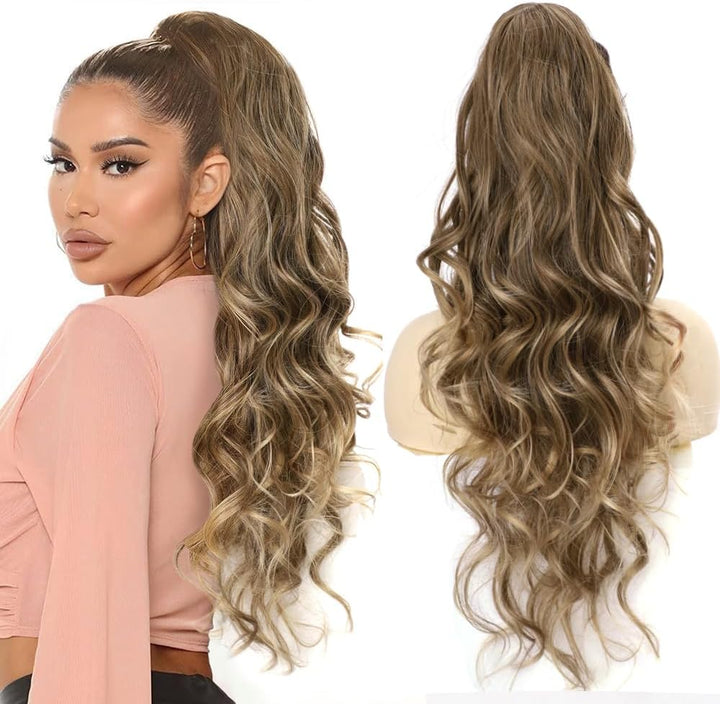 Long Wavy Ponytail Hair Extension for Black Women Drawstring Ponytail Hair Extensions Clip in Black Curly Synthetic Hairpiece