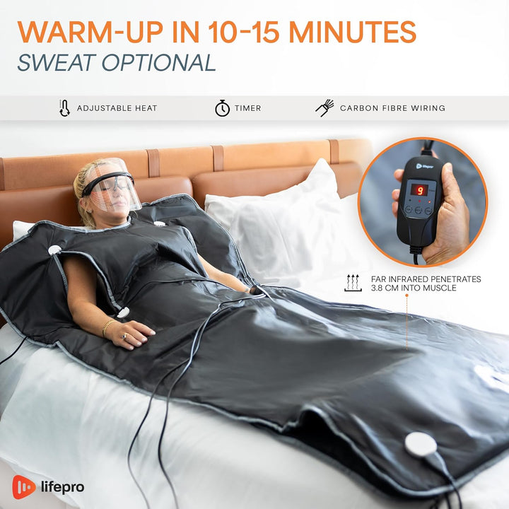 Bioremedy Infrared Sauna Blanket, 91 × 193 Cm Portable Home Sauna for Deep Heat Therapy, Detoxification & Relaxation, Includes 3×Thermal Wraps, Adjustable 30–70°C, Open-Head Design, Arm Zips