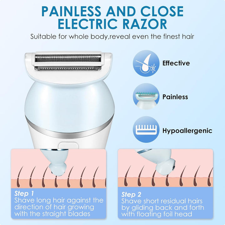 Epilator for Women, 6 in 1 Hair Removal with LED Light, 2 Speeds, Rechargeable & Cordless Razor, Wet and Dry Shaver, Exfoliator, IPX7 Waterproof Electric Hair Remover for Face Legs Arms Armpit Bikini