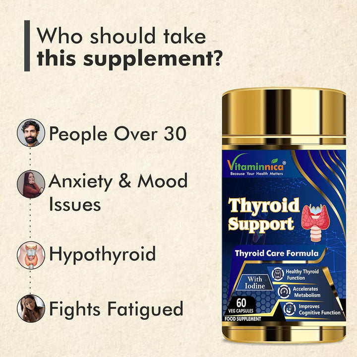 Thyroid Support- Advanced Formula for Thyroid Health - Energy & Focus Formula with Iodine, Vitamin D3 Complex, Zinc, Selenium, Ashwagandha, Copper | Vegan | 60 Capsules