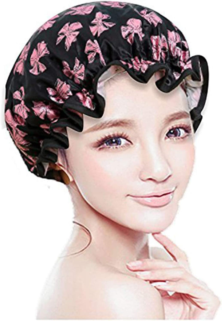 Prettydate 3 Packs Double Layer Shower Cap Waterproof Elastic Bath Cap for Women Shower Spa Salon