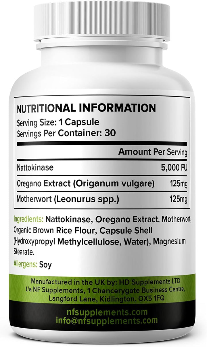 Nattokinase 5000FU Arterial Support with Oregano Extract 125Mg & Motherwort 125Mg 30 Capsules Made in the UK (30)