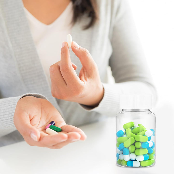 Clear Pill Bottle 6 Pcs Empty Medicine Organizers 150ML Jar Powder Box Storage Transparent Reagent Containers Plastic Dispenser Leak Proof Caps Receptacle for Toiletries Counter Labels