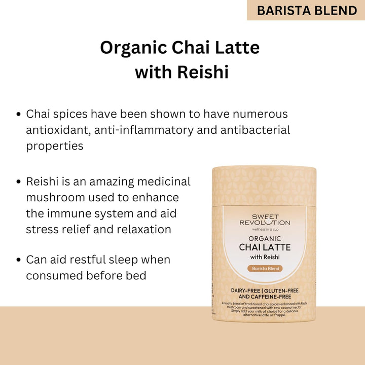 Organic Chai Latte with Reishi Barista Blend (1 X 100G) Tub. Caffeine Free, Gluten Free, Dairy Free, Refined Sugar-Free.