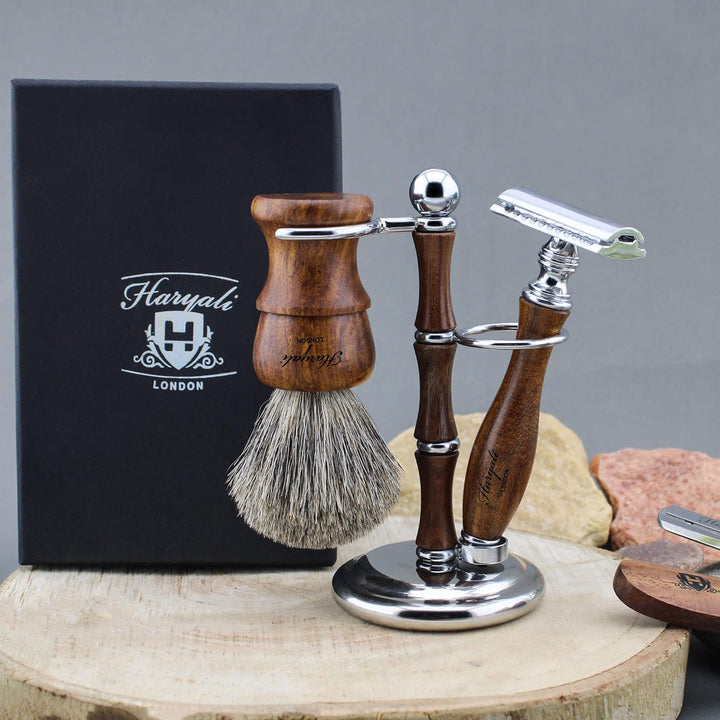Wooden Shaving Kit for Men – 3 Pcs Double Edge Safety Razor Set with Pure Badger Hair Brush & Shaving Stand – Mens Grooming Kit Wet Shaving Gift Set.