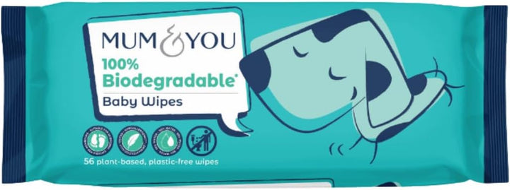 Mum & You Baby Wipes -56 Wipes Pack Biodegradable Wet Wipes | 99.4% Water | Ideal for Sensitive Newborn Skin and Eczema, Bum Wipes, Eco-Friendly Wet Baby Wipes (56 Count (Pack of 1))