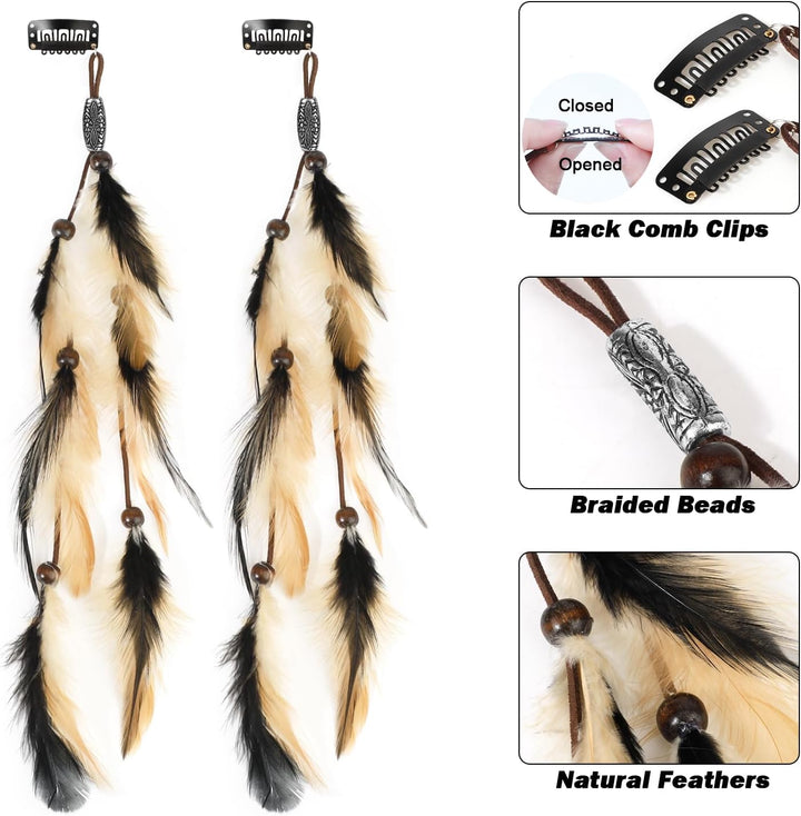 6Pcs Feather Hair Clips, Boho Extensions with Clip Comb, Hippie Accessories for Women, Indian Tassels Beads Feather Piece, Handmade Festival Headdress