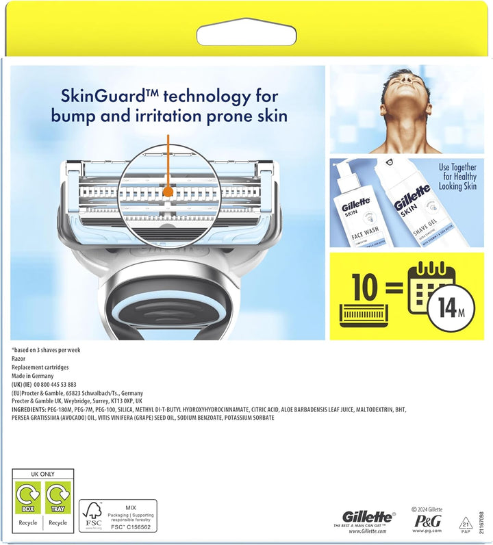 Skinguard Sensitive Razor for Men, 1 Men'S Razor Handle with 10 Blade Refills, Gentle Shave for Sensitive Skin, Reduces Irritation and Bumps