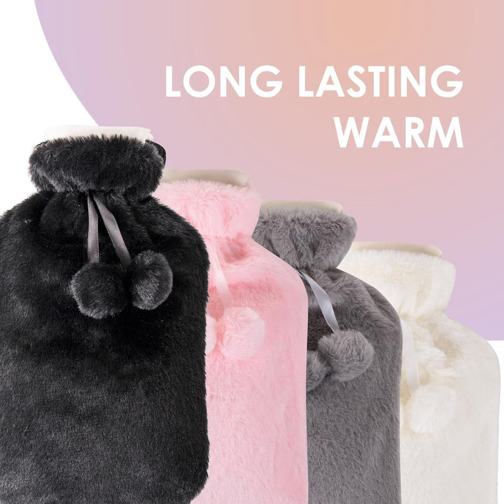 Large 2L Hot Water Bottle with Plush Cover & Bobble - Durable, Washable Heating Pad for Body Pain Relief & Cosy Nights - Perfect for Aches, Pains, and Thoughtful Gifts (Black Plush)