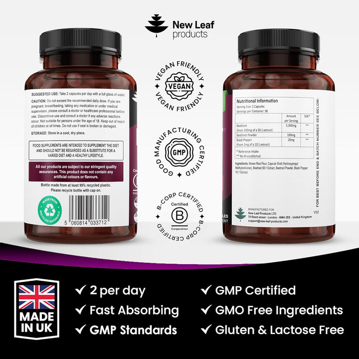 Beetroot Capsules 5100Mg - High Strength Beetroot Supplement 180 Vegan Capsules - Nitric Oxide - Enriched with Black Pepper Made in the UK by New Leaf