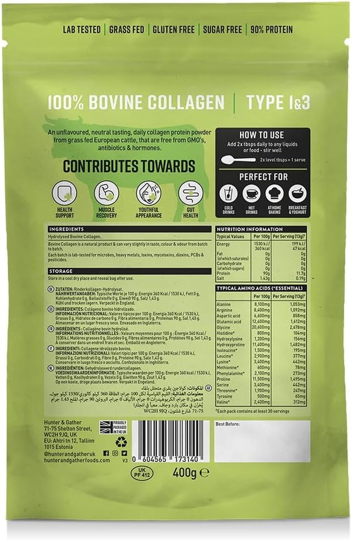 Grass Fed Bovine Collagen Powder 400G | Pure Unflavoured Premium Hydrolysed Bovine Collagen Peptides Powder for Hair Skin Nails Muscles | Collagen Supplements for Women and Men