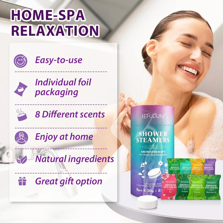 Shower Steamers Aromatherapy for Women and Men 8 Pack, 8 Scents Shower Bombs with Natural Essential Oils for Home Spa Self Care, Stress Relief and Relaxation, Nasal Relief, Birthday Gifts