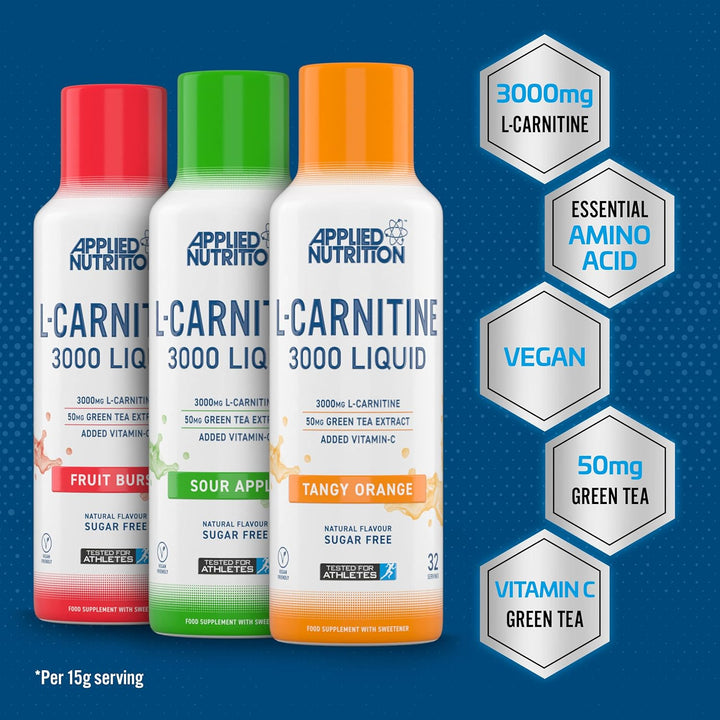 L Carnitine 3000 Liquid - L-Carnitine with Green Tea & Vitamin C, Boosts Energy & Weight Management, Vegan (480Ml - 32 Servings) (Sour Apple)