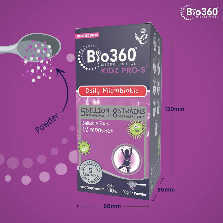 Bio360 Kidz Pro-5 Daily Microbiotic Powder 90G for Children 12 Months to 12 Years - 5 Billion Friendly Bacteria - Supports Digestive Health & Immunity Sugar Free Vegan Non-Gmo Gluten-Free