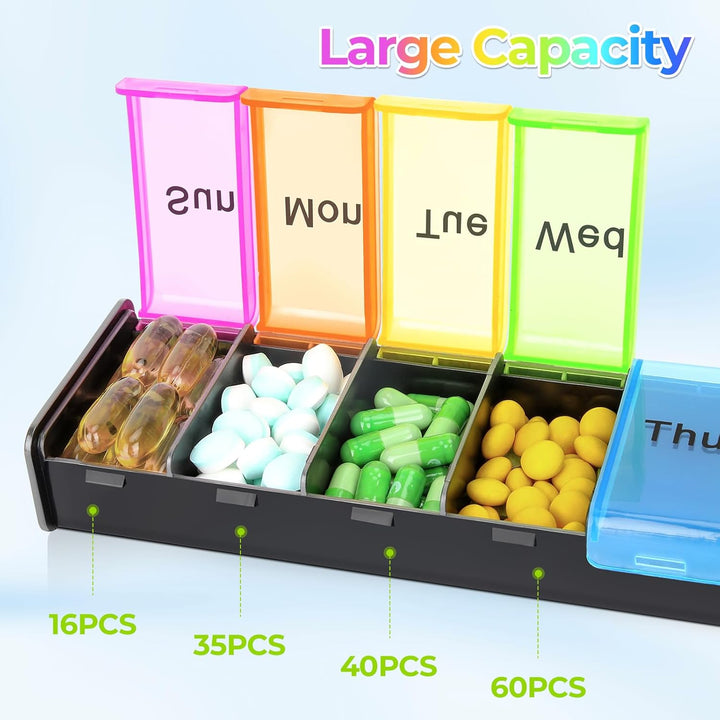 Pill Box 7 Day 1 Times a Day, Weekly Tablet Organiser, Travel Daily Pill Box Organiser 7 Day, Large Pillbox Tablet Box Portable Pill Case Tablet Dispenser for Travel Work, Black