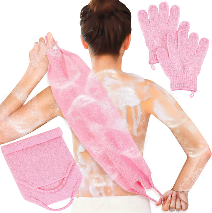 Exfoliating Back Scrubber Bath Gloves Set, Exfoliating Shower Towel with Shower Gloves for Body Scrub, Back Cleaner Wash Gloves to Remove Dead Skin (Black)