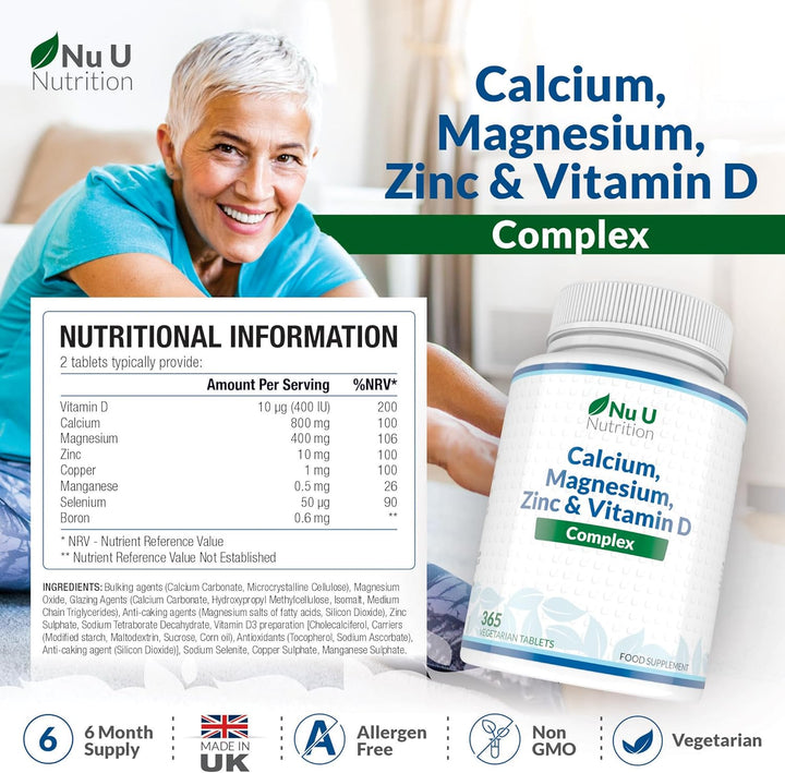 Calcium Magnesium Zinc & Vitamin D Supplement - 365 Vegetarian Tablets - High Strength Osteo Complex with Selenium, Copper, Manganese & Boron - 6 Month Supply -