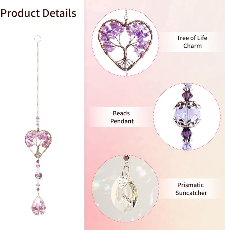 Tree of Life Amethyst Sun Catchers – Natural Chakra Healing Crystal Window Decor, Spiritual Gift for Women & Girls, Rainbow Maker with Quartz Gemstone Pendant, Unique Home & Garden Ornamen