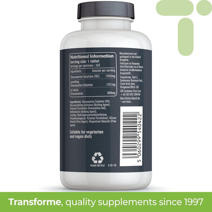 Glucosamine Sulphate 2Kcl 1500Mg 365 Tablets, 1 Year Supply, Vegan High Strength Glucosamine, 1 Coated Breakable Tablet per Day, UK Made Supplement for Men and Women by