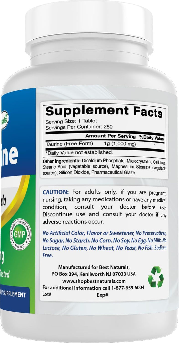 Taurine 1000 Mg Tablet, 250 Count (250 Count (Pack of 1))