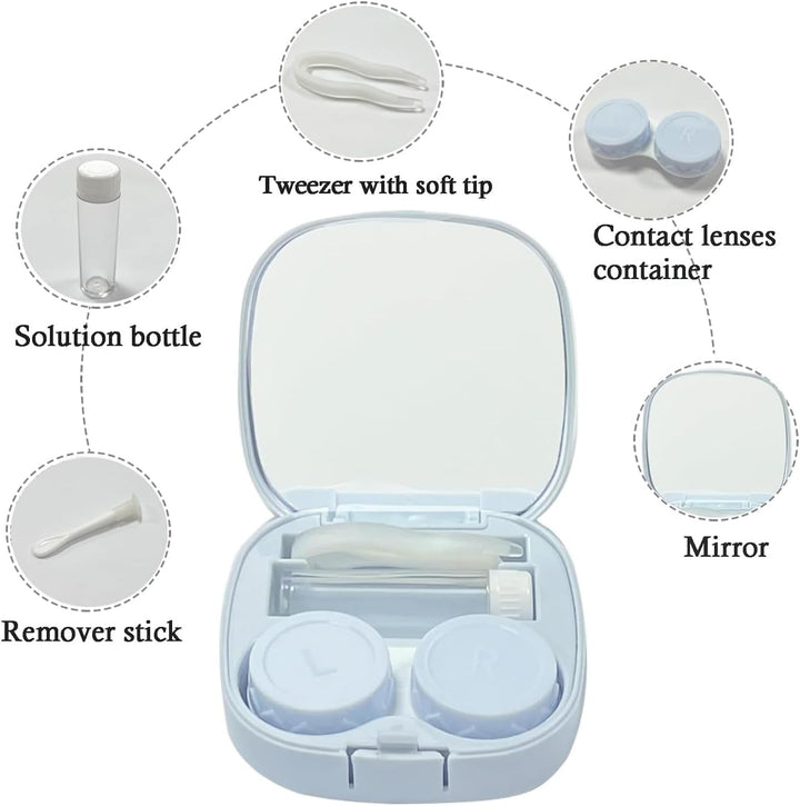 2 PCS Travel Contact Lens Case with Mirror, Portable and Leakproof Contact Lens Container for Soft Lenses, Compact Contact Lens Case for Travel with Tweezers and Solution Bottle, Perfect Contact Lens