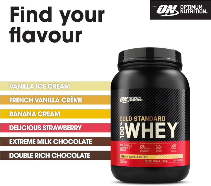 Gold Standard Whey Protein Powder Muscle Building Supplements with Glutamine and Amino Acids, French Vanilla Creme, 30 Servings, 900 G, Packaging May Vary, 891 - 908 G