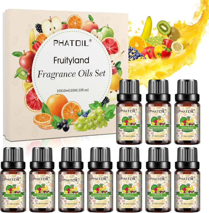 Fruity Fragrance Essential Oil Set, Coconut, Cherry, Apple, Strawberry, Mango Scents Oils for DIY Soap Candle Making, Diffuser Oil Set for Home Office Car Aromatherapy, 10 Pcs X 10Ml