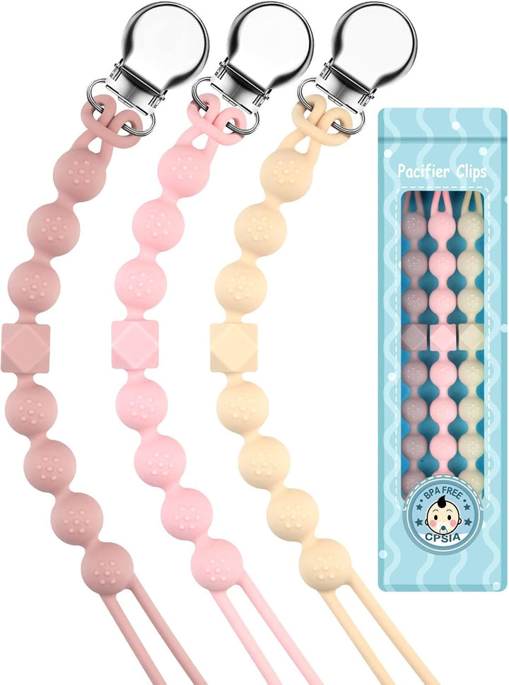 Dummy Clips Boys Girls Silicone Soother Pacifier Chain Flexible Binky Holder Set with Texture for Teething Baby Unisex Newborn Dummies 1-Piece Design(Quartz Pink)