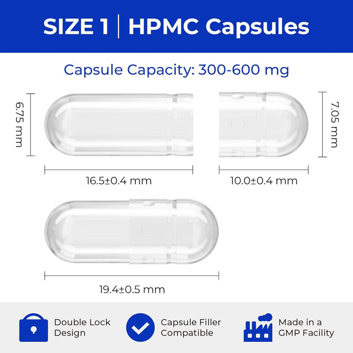 Empty Capsules Size 1 100 Count,Clear Empty Vegan Capsules Kosher,Halal and Non GMO Certified for DIY Supplements.Hypoallergenic Veggie Capsules Empty with 2 Spoons,Adapted to the Capsule Filler